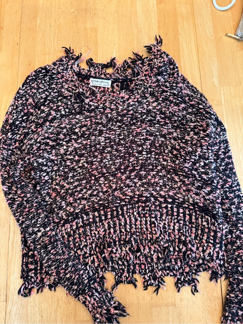 Pink & Black Fringe Crewneck Sweater